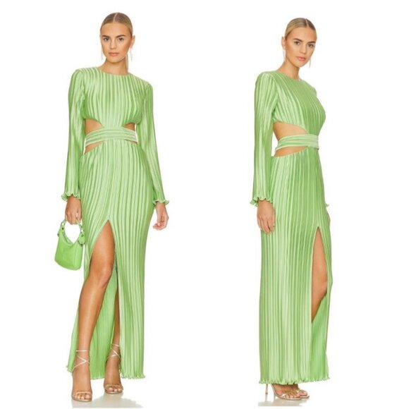 Aiifos Philipa Pleated Long Sleeve Cut Out Gown in Jade Green - Picture 1 of 13
